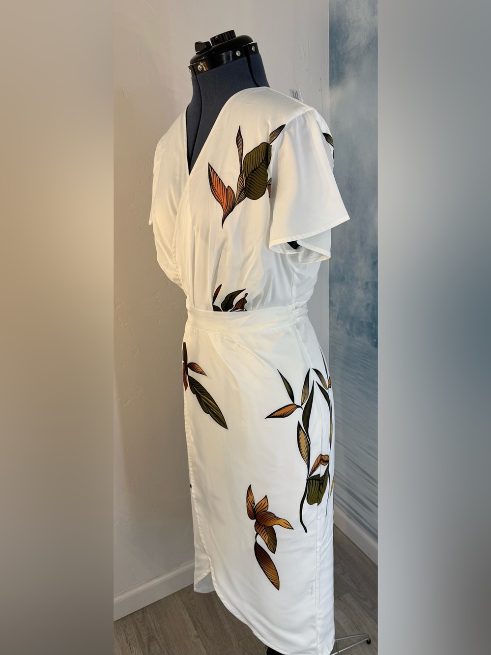 White Floral Wrap Midi Dress with Leaf Print #251 - Picture 3 of 14